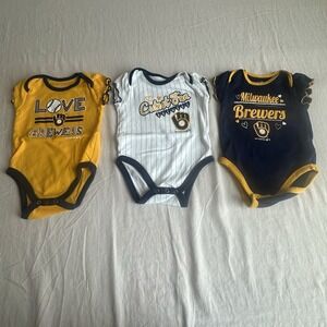 Infant Size 12 Months Milwaukee Brewers Outfit Bundle, 3 One Piece,Blue & Yellow